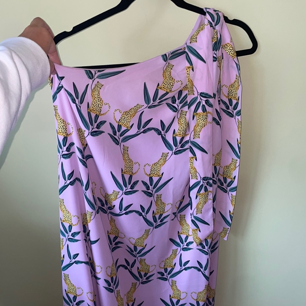 Buddy Love One-Shoulder Pink Dress with Yellow Leopard and Green Leaves